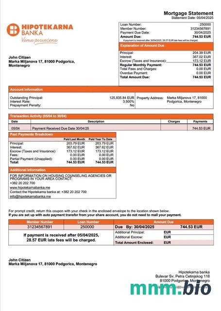 Czarnogóra Hipotekarna banka wyciąg z kredytu hipotecznego szablon Word i PDF